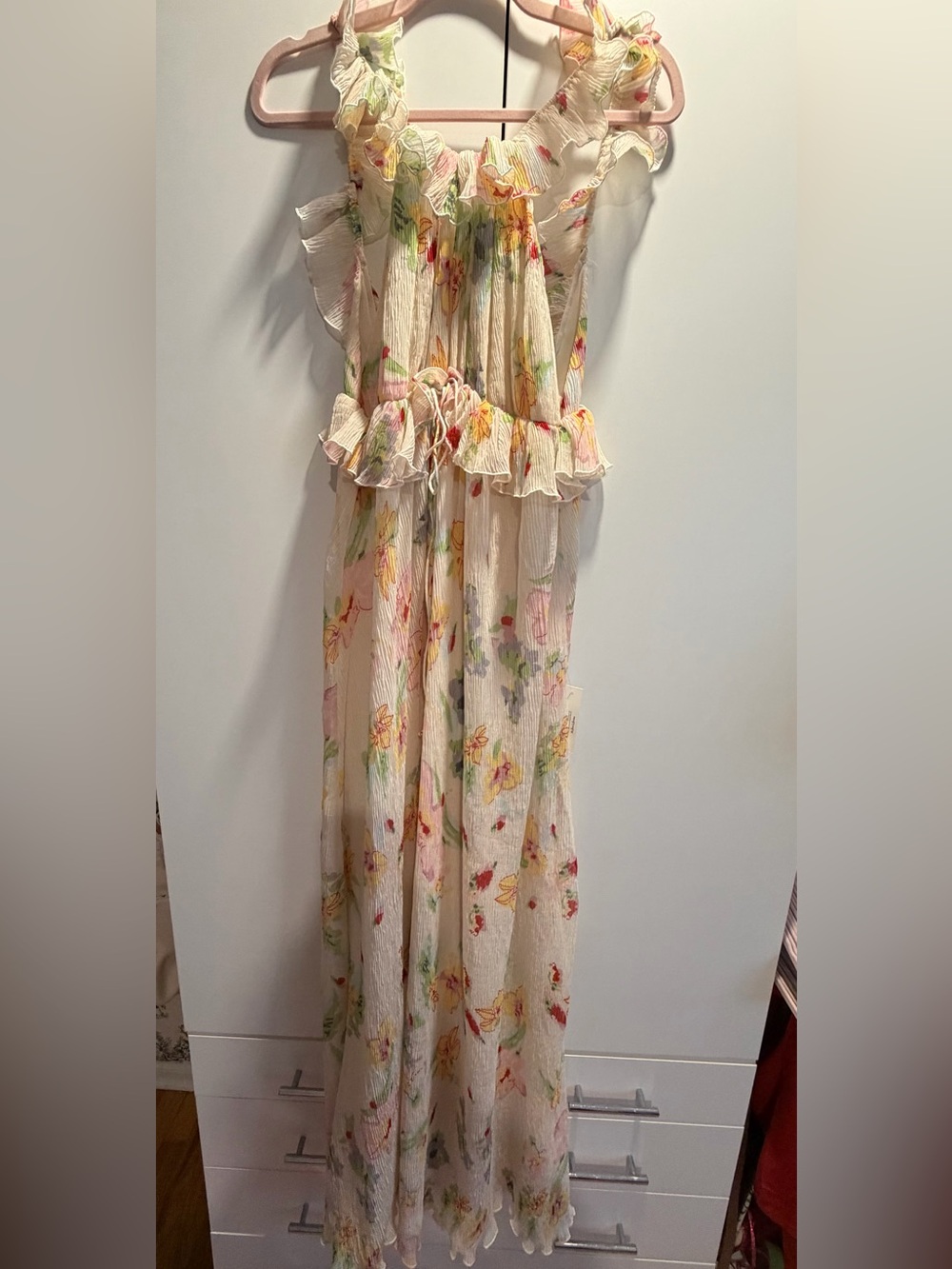 For Love & Lemons Cream Floral Ruffled Halter Maxi Dress - Picture 3 of 5